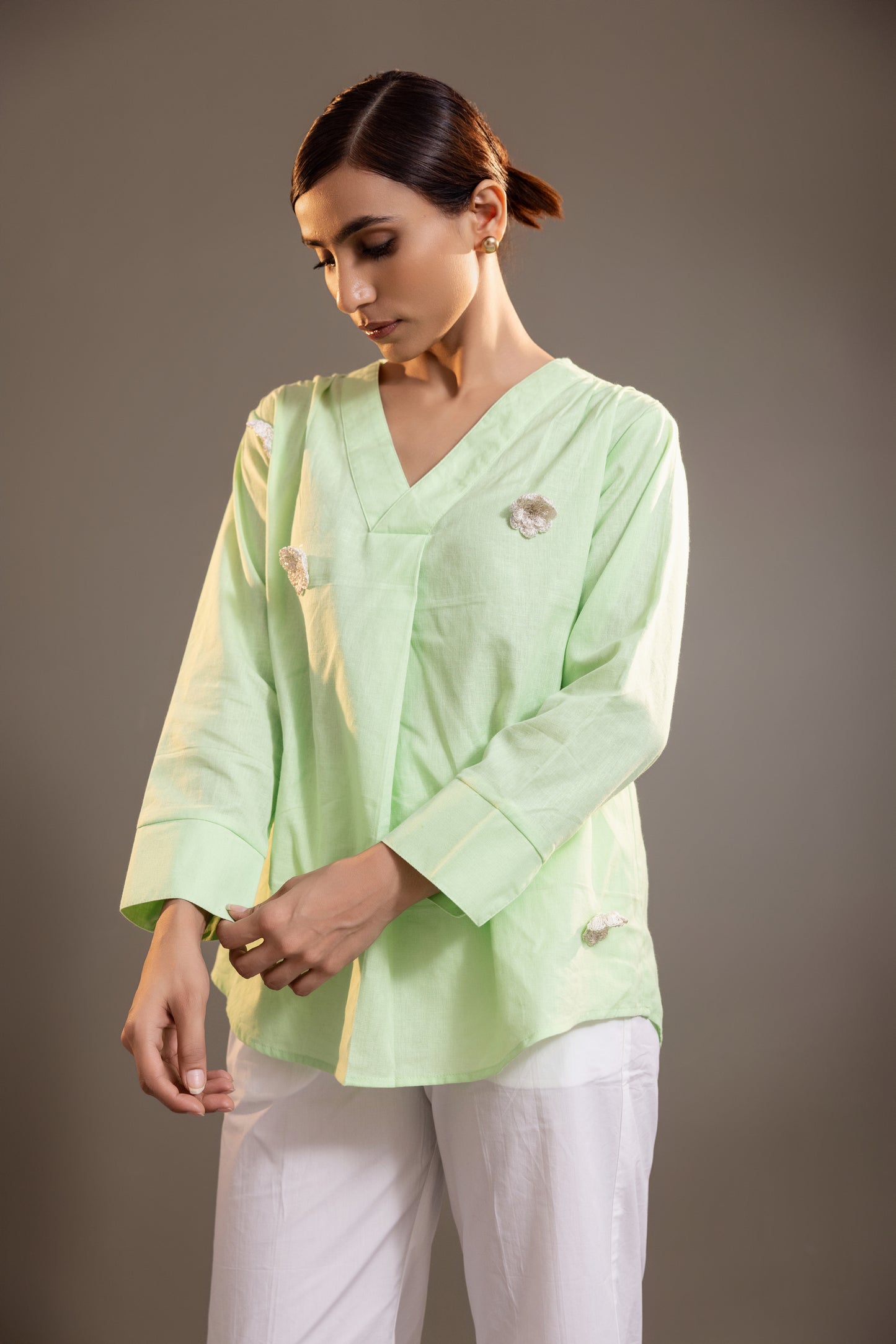 Bright Green Top With Floral Applique